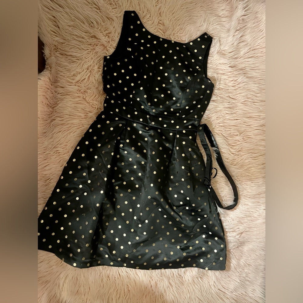 NWT White House Black Market black sateen gold polka  dress